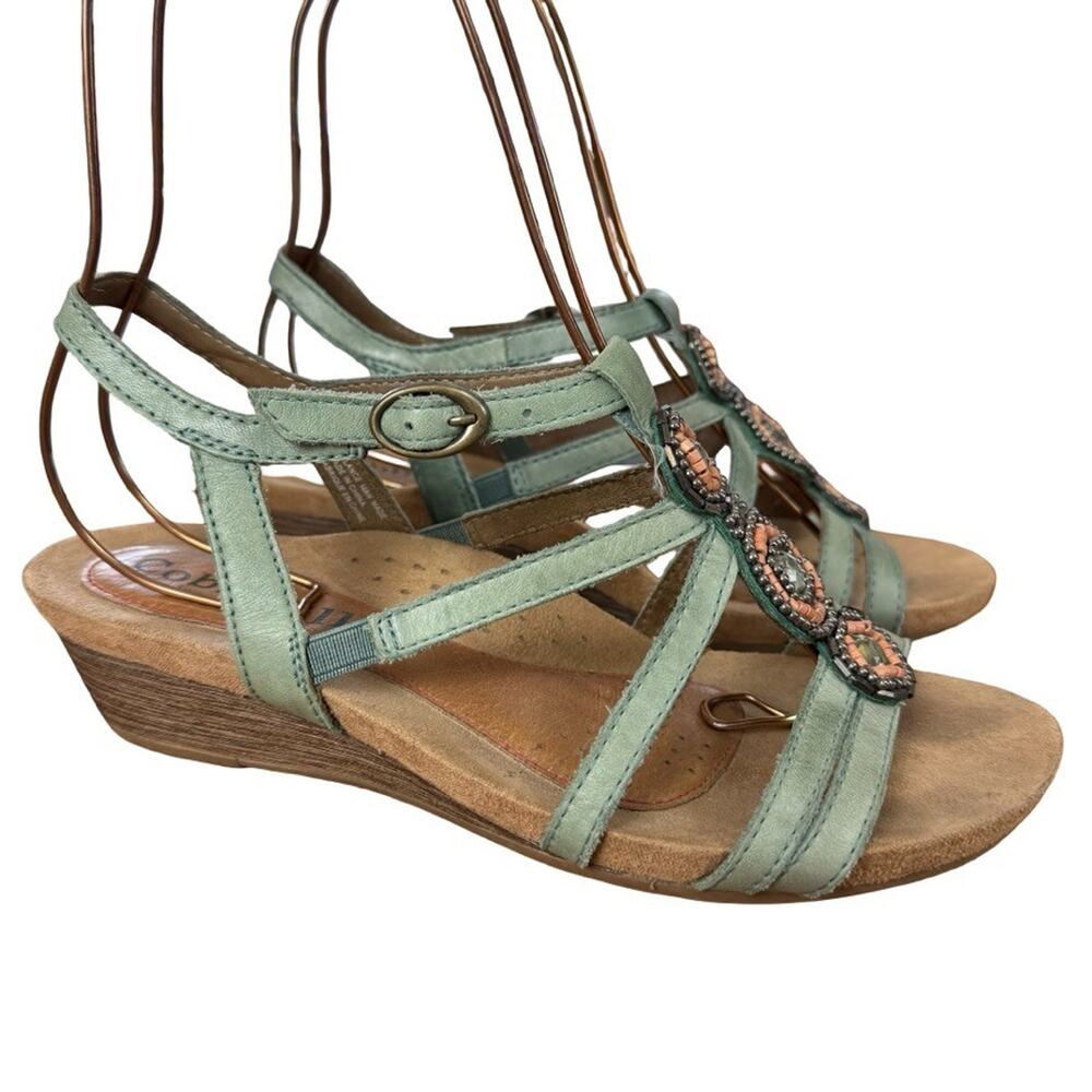 Cobb Hill New Balance Hannah Green Beaded Sandals Wedge Shoes Boho Strappy 7.5